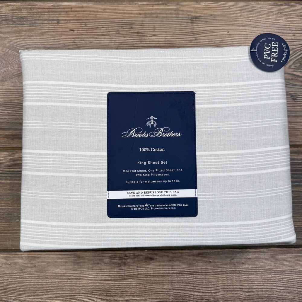 Brooks Brothers King Sheet Set Grey White Stripe 100% Cotton 4pc NEW